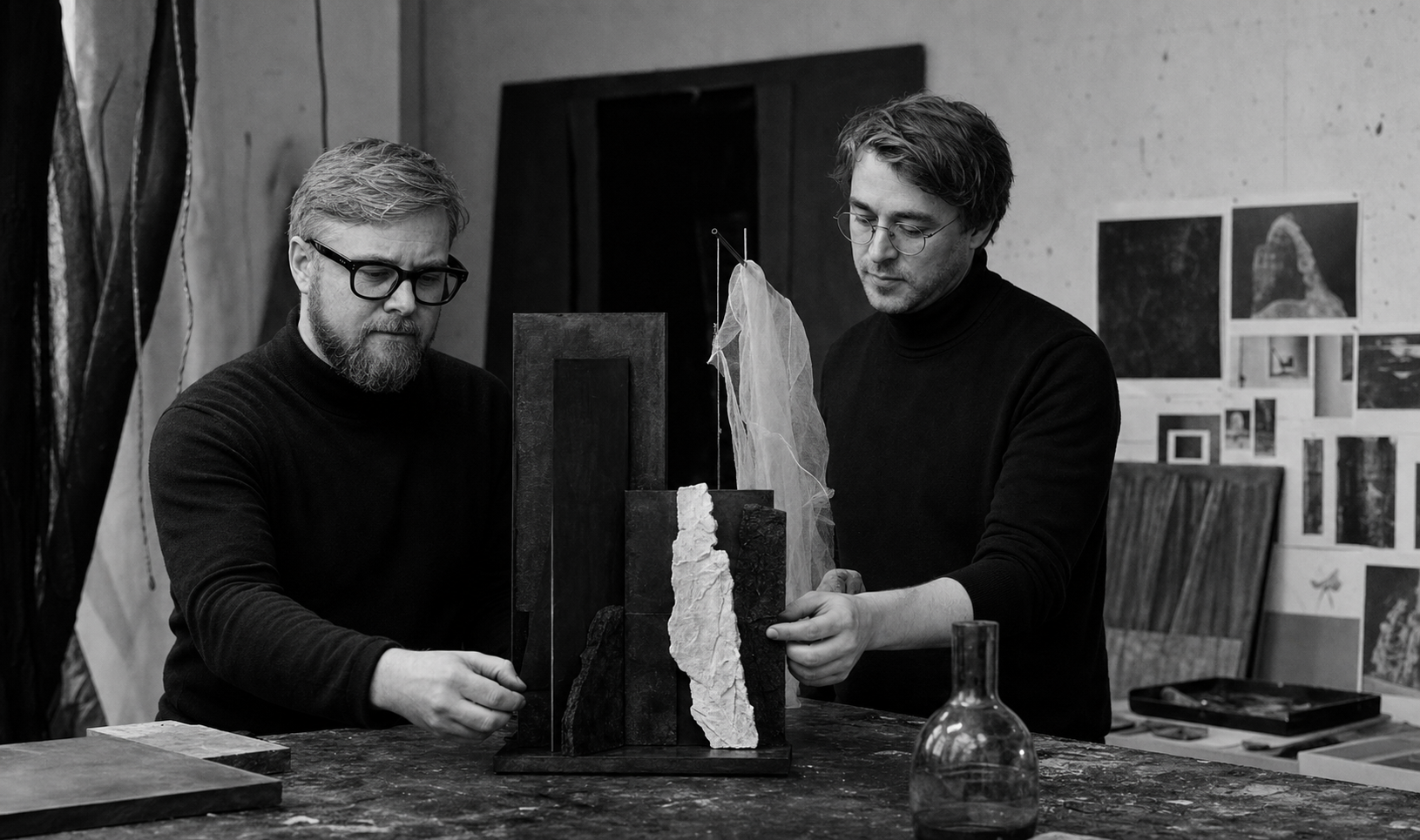 James Pendergrast and Harry Taylor working together on an abstract installation in their studio